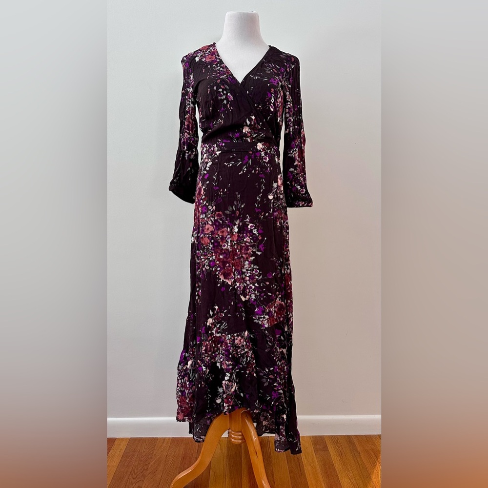 Lulus Vision of Beauty Dark Purple Floral Print High-Low Wrap Dress